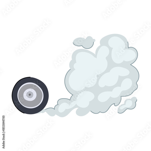 Rolling vehicle tire creating a large cloud of white smoke, illustrating concepts of speed, burnout, friction, engine power, and competitive racing on a clean white background
