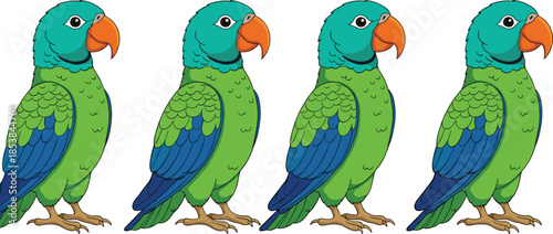 Set of green parrot characters with blue heads and orange beaks isolated in profile on white background.
