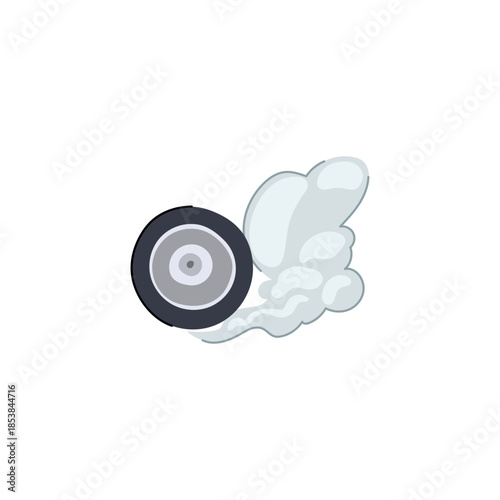 Car wheel icon with gray tire smoke trailing behind, conveying speed, acceleration, burnout and dynamic motion, minimal vector illustration on white background