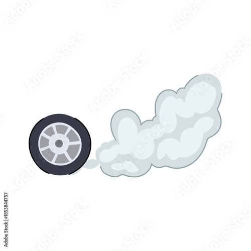 Car wheel spinning rapidly, creating a large cloud of white smoke, representing speed, acceleration, and powerful automotive performance on a white background
