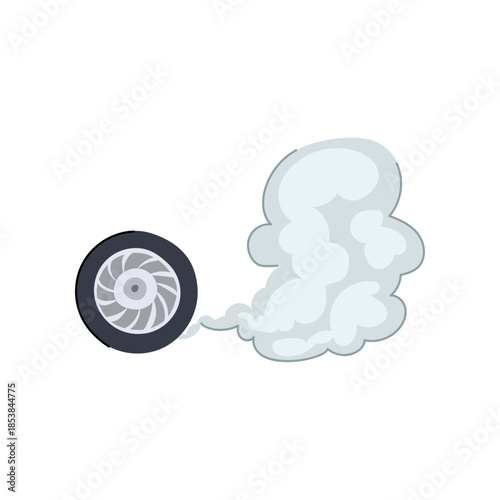 Vehicle wheel spins fiercely, throwing black tire smoke and grey rubber cloud, conveying high speed burnout, drifting action, power, acceleration and dynamic automotive motion