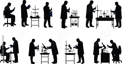 Scientist silhouettes, laboratory research, microscope analysis, chemical experiment, test tube study, reading data, lab equipment, teamwork science, medical research, innovation, safety illustration