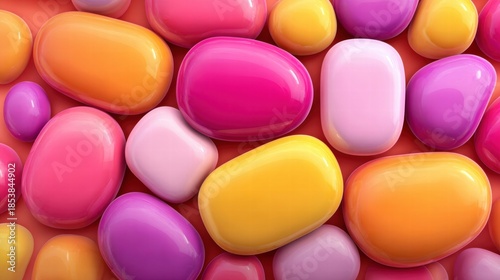 Colorful glossy stones arranged on a vibrant orange background.