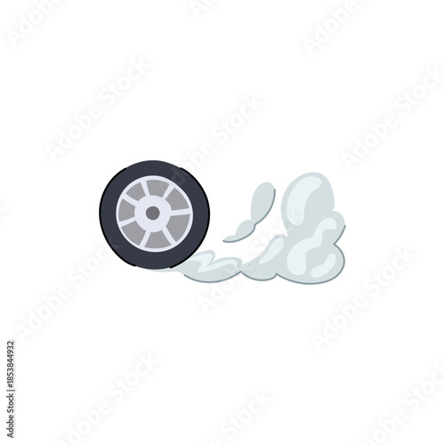 Car wheel spinning rapidly on pavement, throwing up thick white smoke and tire marks to convey speed, friction, burnout, acceleration and high performance driving