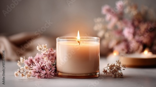 Aromatherapy candle with a lit flame, surrounded by flowers, creating a cozy ambiance.
