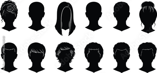 Set of black silhouettes of men and women heads with different hairstyles for avatars, isolated on white background, vector illustration.