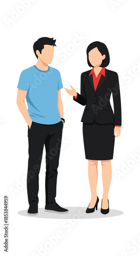 Two people standing and talking, a man and a woman having a conversation.