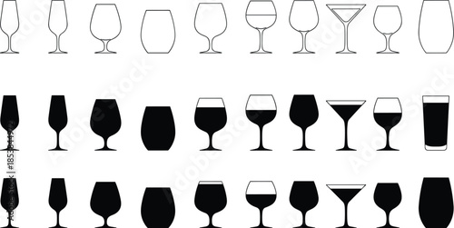 Glassware silhouettes, drinking glass icons, wine glass shapes, cocktail glass design, tumbler outline, barware collection, beverage vessel illustration, transparent background