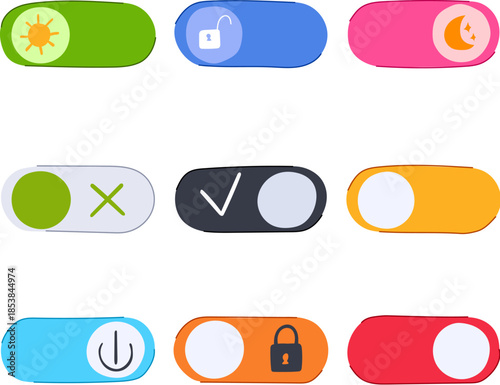 Set of colorful hand drawn toggle switches displaying icons for settings like sun mode, moon mode, lock, unlock, check, cross, and power, offering intuitive functionality selections