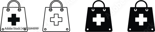 Medical shopping bag icon set, healthcare pharmacy symbol, retail medicine bag illustration, black and white vector design