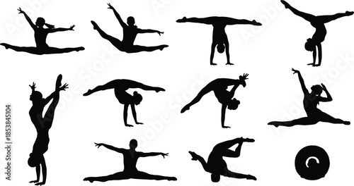 Set of twelve gymnastics silhouettes, female acrobat figures performing, woman doing handstands, splits, and flexible stretching poses, isolated vector set.