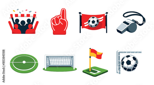 Soccer icons: fans, equipment, and field elements in colorful graphics
