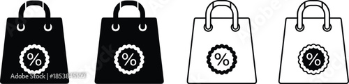 Shopping, discount, sale, retail, promotion, offer, deal, commerce, marketing, bag, icon, symbol, percentage, black, outline, stylized, graphic, ecommerce, consumer, savings