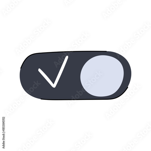 Toggle switch graphic illustrating an active state with a checkmark, representing confirmation, selection, or an enabled option in user interface design