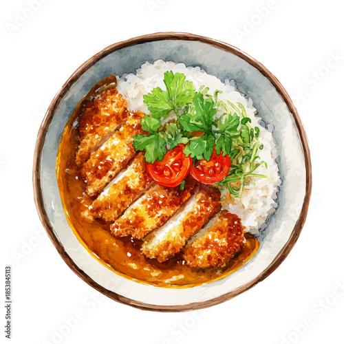 Watercolor vector illustration of Katsu Curry, isolated on white background.