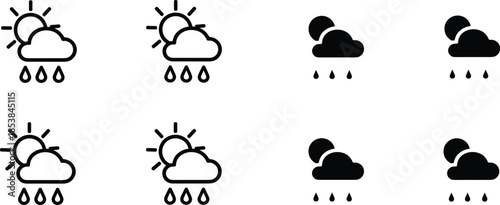 Rainy weather icon set, cloud and sun symbols, black and white style, forecast graphics, meteorology visuals, UI design elements