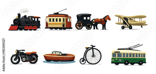 Vintage and modern transportation collection: train, tram, carriage, plane, motorbike, boat, bicycle, bus