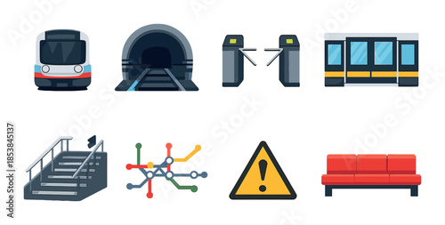 Urban transit elements: train, tunnel, turnstile, tram, stairs, map, caution, seating