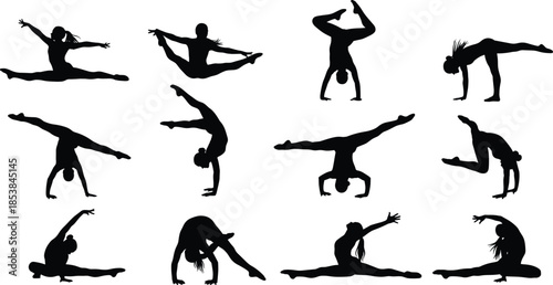 Set of twelve gymnastics silhouettes, woman doing flexible poses, yoga, handstand, and splits, acrobat collection, isolated vector figures.