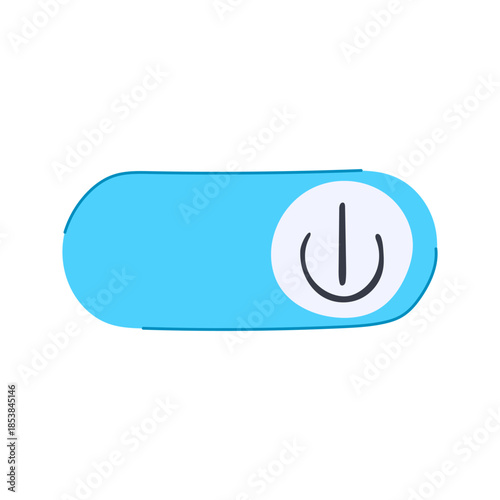 Light blue toggle switch with universal power symbol on the right, indicating off or standby state for user interfaces, app icons, dashboards, and web controls