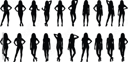 Set of twenty women silhouettes in various poses, a collection of female figures standing, fashion model icons isolated on white.