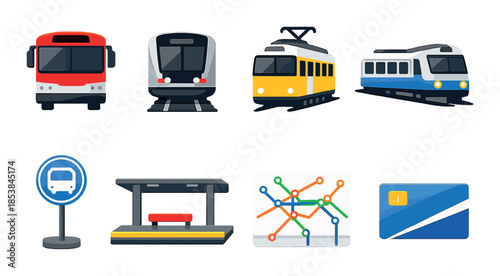 Diverse public transport icons featuring bus, train, tram, metro, and transit map