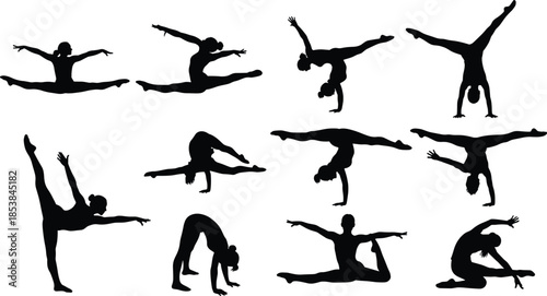 Set of twelve women silhouettes doing gymnastics, yoga, and acrobatics, flexible girl figures in various poses, isolated vector collection.