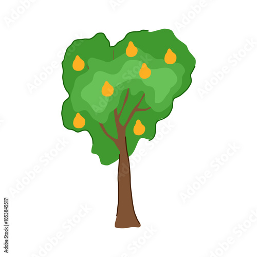 Stylized illustration presenting a fruit tree with lush green foliage supporting multiple yellow fruits, symbolizing nature, growth, and harvest of fresh produce