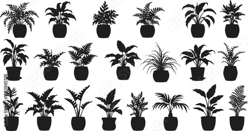 Silhouette collection of potted plants, indoor houseplants variety, botanical illustration, foliage diversity, decorative greenery, plant shapes, natural design elements