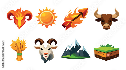 Colorful zodiac and element symbols with animals and nature