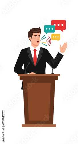 Man Delivering Speech at Podium with Speech Bubbles.