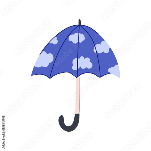 Blue umbrella with a charming cloud pattern illustrates weather protection, forecasting, and preparedness, offering a cute and simple visual for design compositions