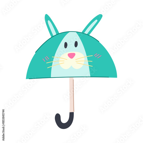 Umbrella with a cute bunny face, ears and whiskers playful, child friendly rain protection design perfect for kids, spring, easter and cheerful rainy days - isolated on white -