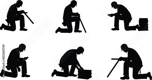 Silhouette construction workers kneeling with tools, measuring, hammering, inspecting, stacking, carpentry labor illustration, manual work precision, building site technician icons