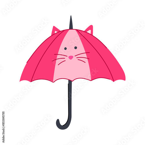 Pink umbrella illustrating a cute cat face with ears, whiskers, nose, and eyes, symbolizing protection, playfulness, and child friendly design for rainy days on a white background