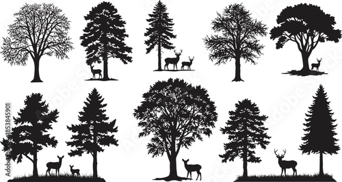 Silhouette forest landscape with deer and trees, wildlife nature scene, woodland illustration, peaceful forest animals under trees vector art.