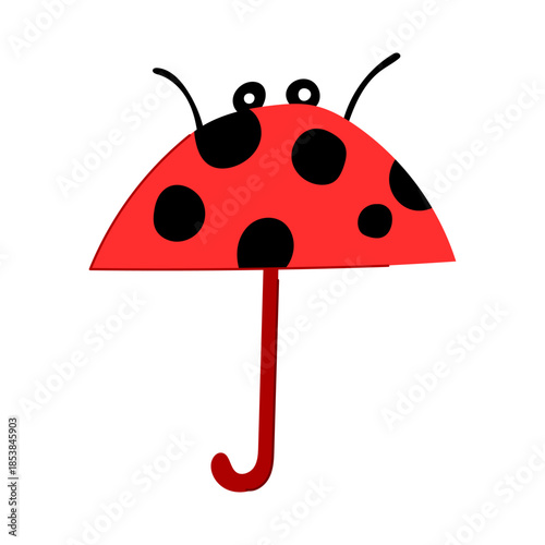 Cute ladybug umbrella featuring a red canopy with black spots, antennae, and eyes, symbolizing protection against rain and adding a touch of whimsical design