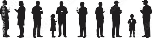 Silhouette group of adults and children holding drinks, family and friends gathering, social event celebration, lifestyle unity, community bonding illustration
