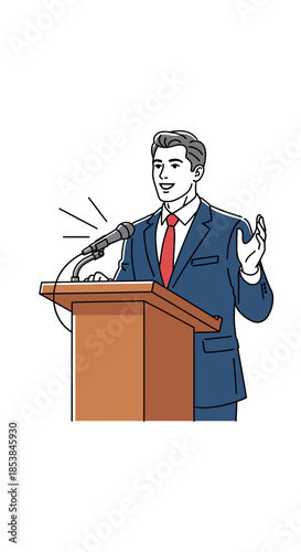 Man in suit delivering a speech at a podium with microphone.