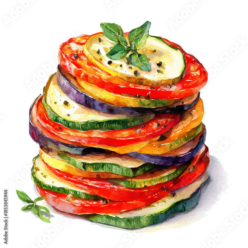Watercolor vector illustration of Ratatouille, isolated on white background.