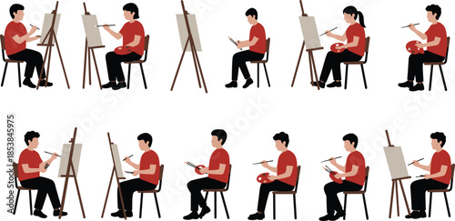 Silhouette group of artists painting on canvases, art class workshop activity, creative expression, people with brushes and palettes illustration