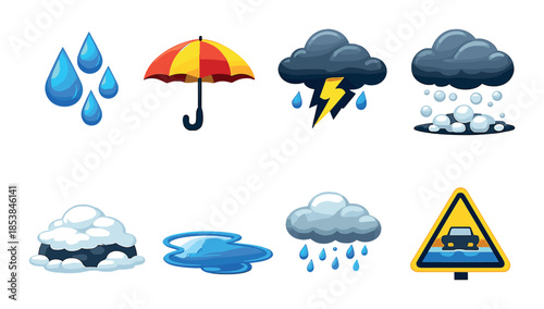 Weather icons: rain, umbrella, thunderstorm, snow, puddle, cloud, traffic sign