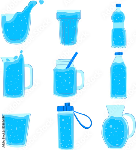 Various glassware, bottles, pitchers and jugs filled with clear water, illustrating hydration, purity and refreshment in a simple, clean vector set for health and lifestyle designs