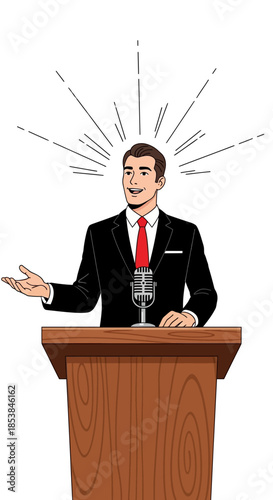Confident Man Speaking at Podium with Microphone and Radiating Lines.