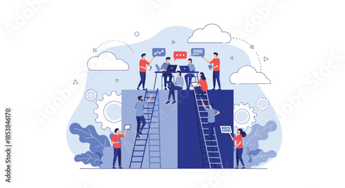 Business team works atop large blue blocks using ladders and computers to signify collaborative project management and architectural growth.