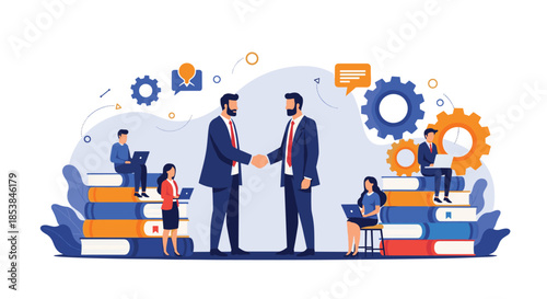 Two businessmen shake hands in front of gears and stacks of books where colleagues work to symbolize successful knowledge based partnerships.