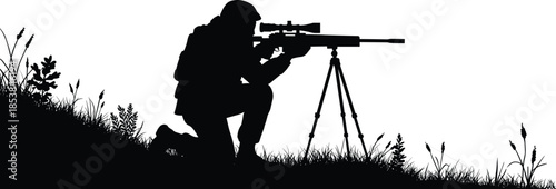 Silhouette marksman kneeling with tripod rifle, tactical shooter aiming scope, outdoor grass slope, military hunting scene, precision shooting illustration backgroundSilhouette marksman kneeling with 