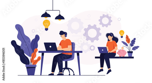 Collaborative office environment with male and female professionals working on laptops surrounded by gears and creative lightbulb ideas.