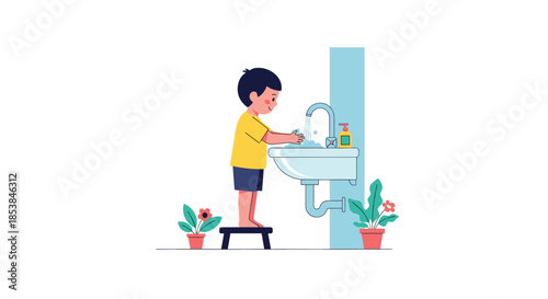 Young child standing on a black stool to reach the sink for washing hands with soap as part of a healthy daily hygiene routine.