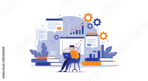 Focused professional working on a laptop while surrounded by educational books, project timelines, and analytical business data charts.